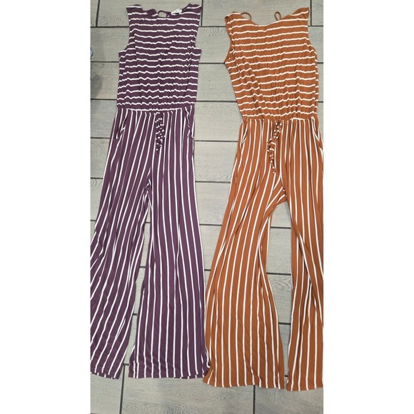Zenana Pants - Zenana Striped Wide Leg Jumpsuit Bundle Set of 2 Purple Rust Orange XL